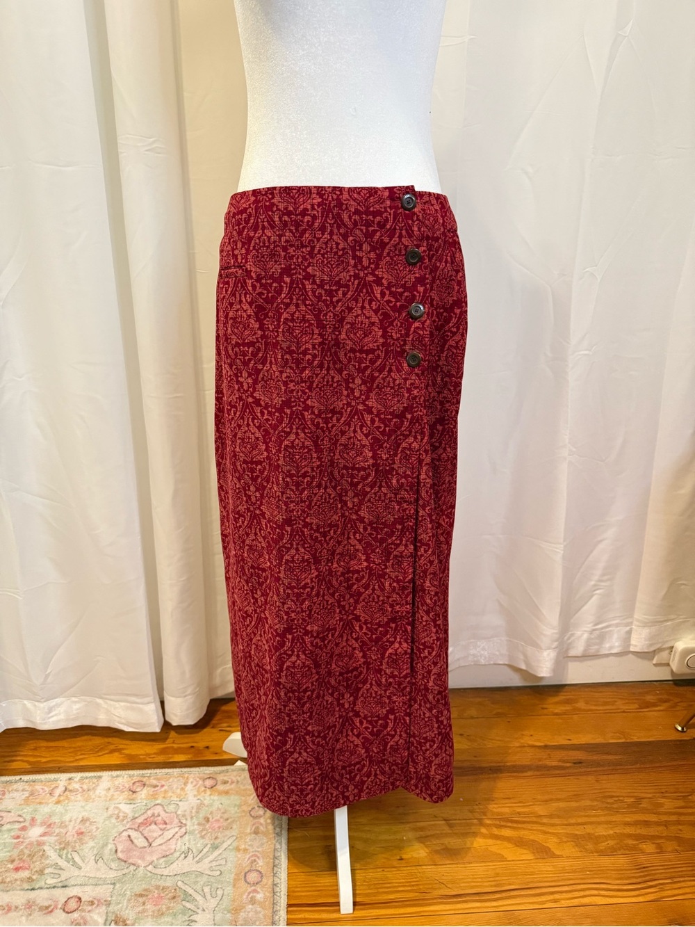 Coldwater Creek Burgundy Patterned Button-Accent Midi Skirt
